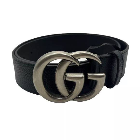 Gucci Black Leather Marmont Belt Silver GG Buckle Size 95/38